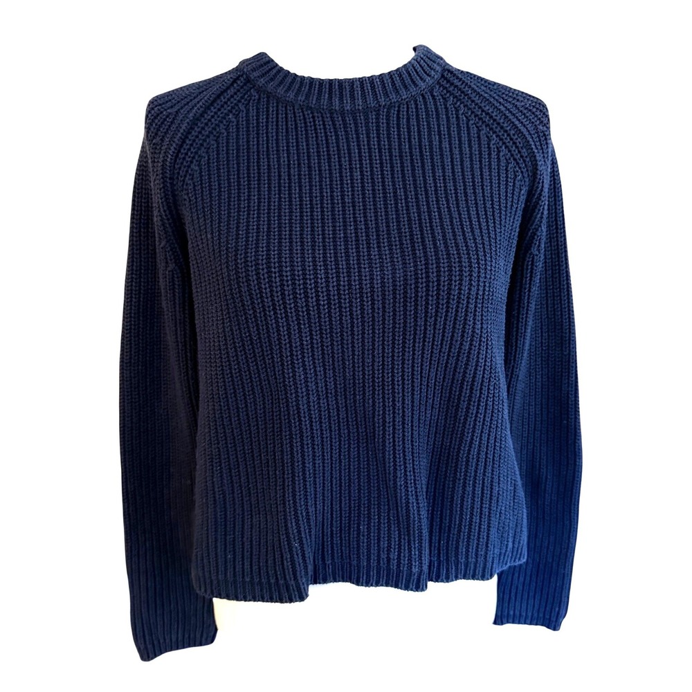 Navy Blue Organic Cotton Fisherman Crew Sweater XS Ribbed Knit Cropped
